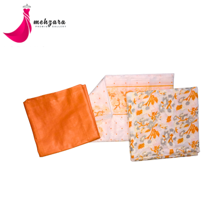Mehzara Batik three piece set - White and Orange color traditional dress - মহিলাদের জন্য সুন্দর বাটিক থ্রি পিস