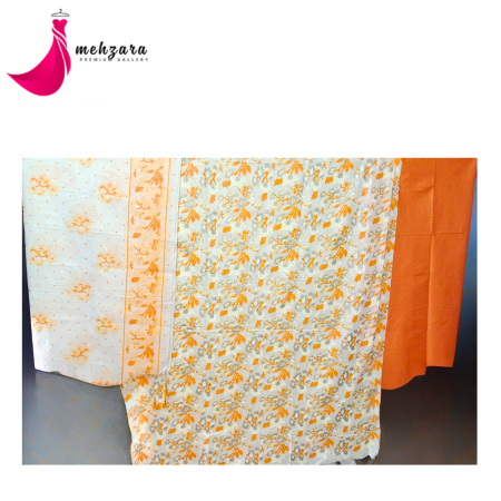 Mehzara Batik three piece set - White and Orange color traditional dress - মহিলাদের জন্য সুন্দর বাটিক থ্রি পিস