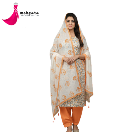 Mehzara Batik three piece set - White and Orange color traditional dress - মহিলাদের জন্য সুন্দর বাটিক থ্রি পিস