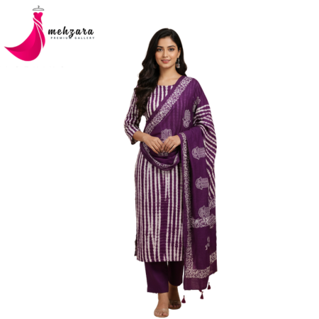 Arong cotton চিকনকারি কাজ করা থ্রি পিস – White & Purple Mix Color | Elegant Embroidery Design