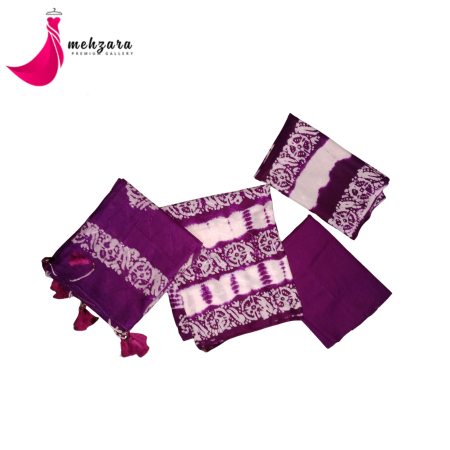 Arong cotton চিকনকারি কাজ করা থ্রি পিস – White & Purple Mix Color | Elegant Embroidery Design